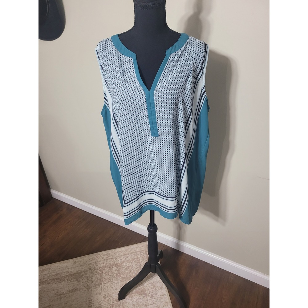 Loft Womens Sleeveless Blouse XL Teal Navy White Geometric Dot Split Neck Top